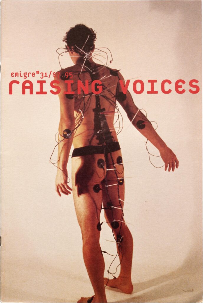 Cover of Emigre magazine issue 31, "Raising Voices," showing a figure seen from behind with biofeedback sensors and wires attached across their body