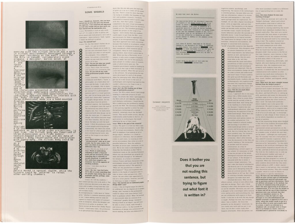 Interior spread from Emigre magazine issue 31, featuring an interview with Diane Gromala titled "A Conversation With Diane Gromala," alongside images from her Virtual Body project and experimental typography.