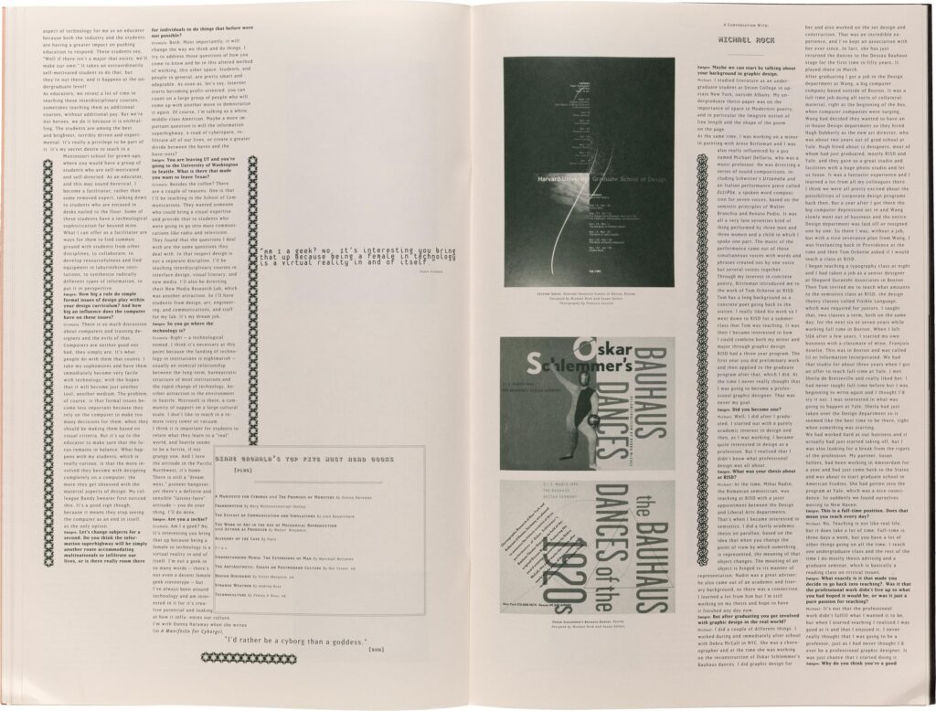 Two-page spread from Emigre magazine issue 31, featuring the conclusion of the Diane Gromala interview and the beginning of a conversation with Michael Rock, alongside images of Bauhaus-related books and a Harvard Graduate School of Design lecture poster.